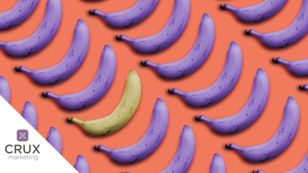 Bananas artificialmente roxas em fundo laranja que exemplificam o significado das cores.