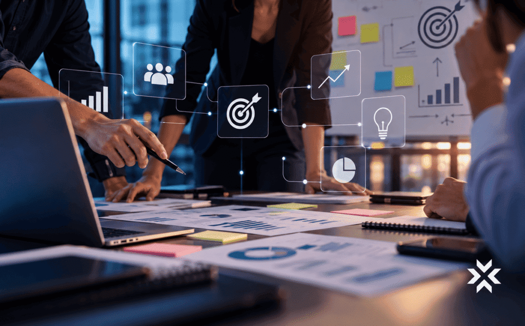 Gestores de empresa de serviços revisando o Planejamento Estratégico de Marketing em reunião